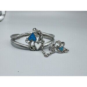 Ege ‘89 Slave Bracelet Cuff & Attached Heart Ring Crushed Faux Turquoise